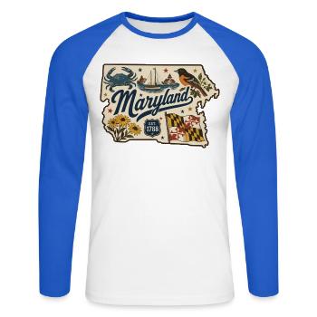 Maryland Vintage Staatsflagge & Krabbenaufkleber - Unisex Baseballshirt langarm - Weiß/Royalblau - Vorne - Nik (191cm)