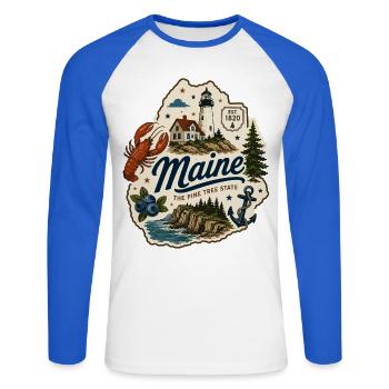 Maine Pine Tree State Vintage Küstenaufkleber - Unisex Baseballshirt langarm - Weiß/Royalblau - Vorne - Nik (191cm)