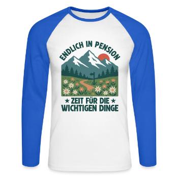 Pension Retro Berge Zeit zu Wandern - Unisex Baseballshirt langarm - Weiß/Royalblau - Vorne - Nik (191cm)