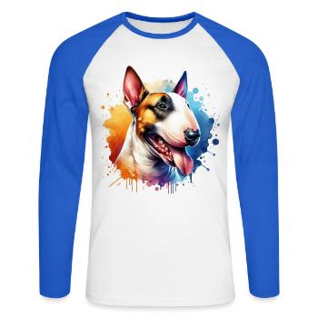Bullterrier Motiv - Unisex Baseballshirt langarm - Weiß/Royalblau - Vorne - Nik (191cm)