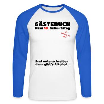 Gästebuch 18. Geburtstag lustige Gästeliste Junge  - Unisex Baseballshirt langarm - Weiß/Royalblau - Vorne - Nik (191cm)