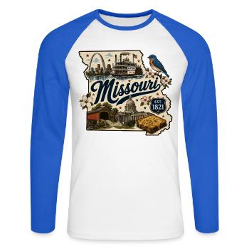 Missouri Show Me State Vintage-Reiseaufkleber - Unisex Baseballshirt langarm - Weiß/Royalblau - Vorne - Nik (191cm)