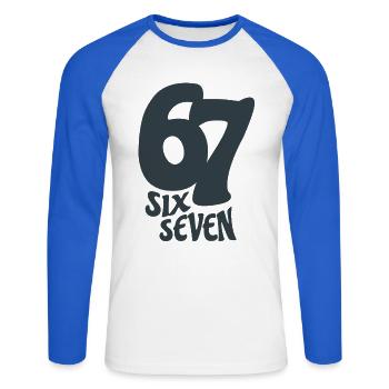 six seven | Zahlenduo 6 und 7 | Fröhliche Ziffern - Unisex Baseballshirt langarm - Weiß/Royalblau - Vorne - Nik (191cm)