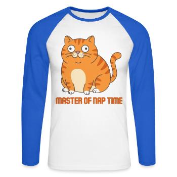 Meister der Schlafzeit-Katze - Unisex Baseballshirt langarm - Weiß/Royalblau - Vorne - Nik (191cm)