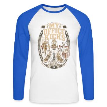 Hufschmied Hufschmiede My Office Kicks - Unisex Baseballshirt langarm - Weiß/Royalblau - Vorne - Nik (191cm)