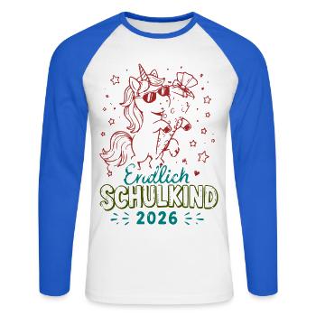 Unicornenfeier Schulkind 2026 - Unisex Baseballshirt langarm - Weiß/Royalblau - Vorne - Nik (191cm)