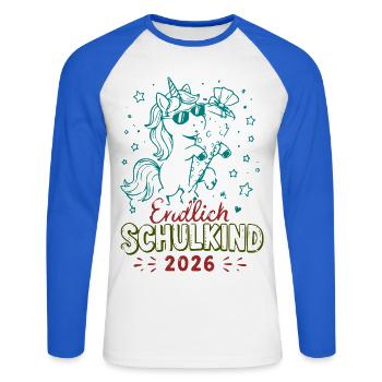 Endlich Schulkind 2026 Unicorn Feier - Unisex Baseballshirt langarm - Weiß/Royalblau - Vorne - Nik (191cm)