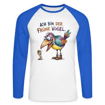 Ich bin der frühe Vogel Lustiges Spruch Motiv - Unisex Baseballshirt langarm - Weiß/Royalblau - Vorne - Nik (191cm)