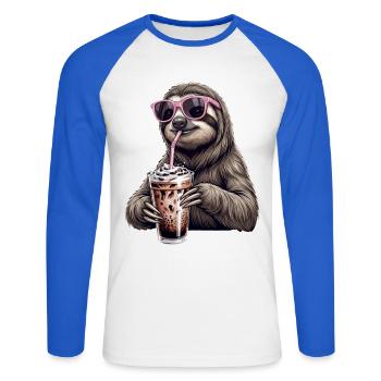 Faultier Eiskaffee  - Unisex Baseballshirt langarm - Weiß/Royalblau - Vorne - Nik (191cm)
