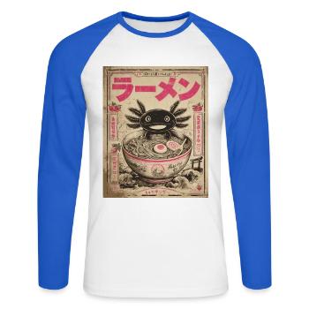 Axolotl, Ramen, Japanische Nudeln, Kawaii, Anime - Unisex Baseballshirt langarm - Weiß/Royalblau - Vorne - Nik (191cm)