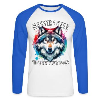 Grauwolf Save Timber Wolf - Unisex Baseballshirt langarm - Weiß/Royalblau - Vorne - Nik (191cm)