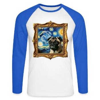 Mops Starry Night - Unisex Baseballshirt langarm - Weiß/Royalblau - Vorne - Nik (191cm)