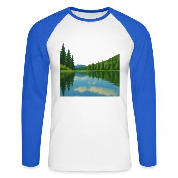 Waldreflexionen an einem friedlichen See - Unisex Baseballshirt langarm - Weiß/Royalblau - Vorne - Nik (191cm)