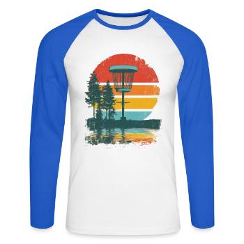Disc Golf Putter Korb Retro Vintage Sonnenuntergan - Unisex Baseballshirt langarm - Weiß/Royalblau - Vorne - Nik (191cm)