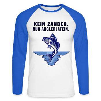 Anglerlatein Spruch – Zander Angler Motiv - Unisex Baseballshirt langarm - Weiß/Royalblau - Vorne - Nik (191cm)