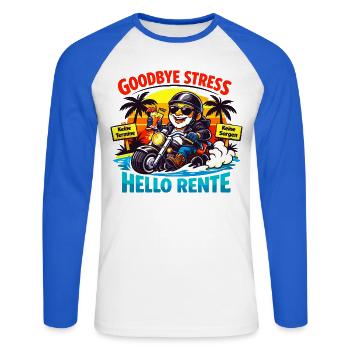 Schluss mit Stress: Hallo Rente - Unisex Baseballshirt langarm - Weiß/Royalblau - Vorne - Nik (191cm)
