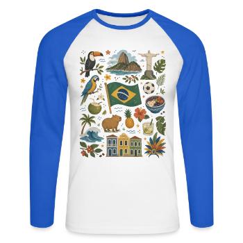 Brasilien | Tropen, Fußball & Lebensfreude - Unisex Baseballshirt langarm - Weiß/Royalblau - Vorne - Nik (191cm)