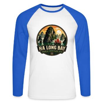 Ha Long Bay Vietnam Vintage-Reiseabzeichen - Unisex Baseballshirt langarm - Weiß/Royalblau - Vorne - Nik (191cm)