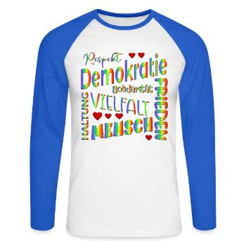 Regenbogen Wählen Demokratie - Unisex Baseballshirt langarm - Weiß/Royalblau - Vorne - Nik (191cm)