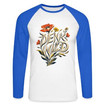 Denk Wild - Ideen lassen sich nicht einzäunen! - Unisex Baseballshirt langarm - Weiß/Royalblau - Vorne - Nik (191cm)