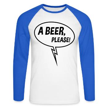 Ein Bier, bitte! (Sprechblase, Trinken, Down B) - Unisex Baseballshirt langarm - Weiß/Royalblau - Vorne - Nik (191cm)