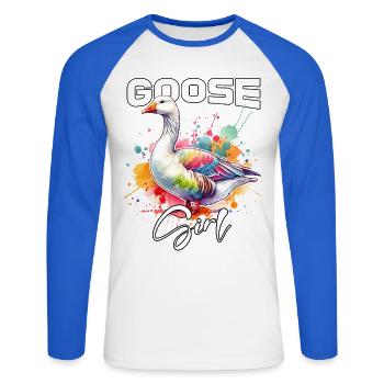 Oie Fille Oie - T-shirt baseball manches longues Homme - blanc/bleu royal - Devant - Nik (191cm)