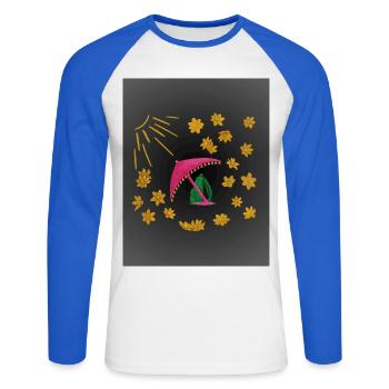 Goldene Blüten unter pinkem Strandschirm  - Unisex Baseballshirt langarm - Weiß/Royalblau - Vorne - Nik (191cm)