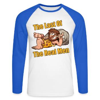Der letzte der echten Männer – lustiger Höhlenmensch - Unisex Baseballshirt langarm - Weiß/Royalblau - Vorne - Nik (191cm)