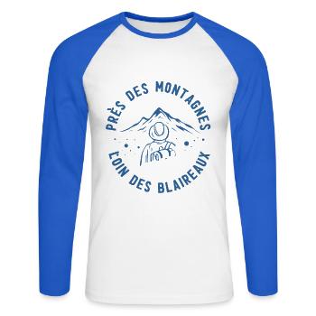 Randonneur au pied des montagnes - T-shirt baseball manches longues Homme - blanc/bleu royal - Devant - Nik (191cm)