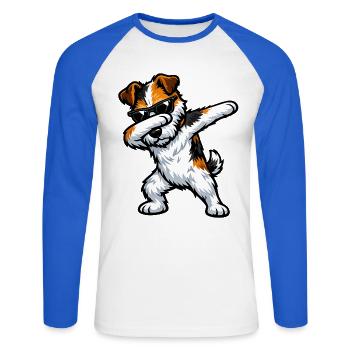 Dabbing Fox Terrier im Comic Stil - Unisex Baseballshirt langarm - Weiß/Royalblau - Vorne - Nik (191cm)