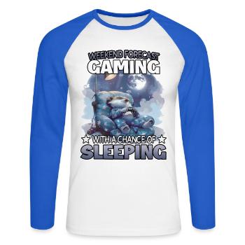 Gaming Wochenende Schlafwahrscheinlichkeit - Unisex Baseballshirt langarm - Weiß/Royalblau - Vorne - Nik (191cm)