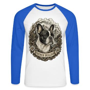Französische Bulldogge im Vintage Stil - Unisex Baseballshirt langarm - Weiß/Royalblau - Vorne - Nik (191cm)