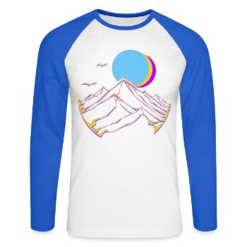 Montagnes néon, Lune, Soleil, Sommets géométriques - T-shirt baseball manches longues Homme - blanc/bleu royal - Devant - Nik (191cm)