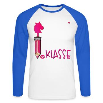 Einschulung Schulkind Hobby Horsing - Unisex Baseballshirt langarm - Weiß/Royalblau - Vorne - Nik (191cm)
