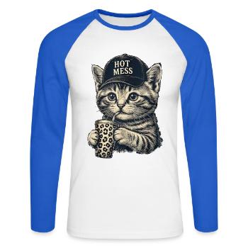 Kätzchen mit Hot Mess Cap - Unisex Baseballshirt langarm - Weiß/Royalblau - Vorne - Nik (191cm)