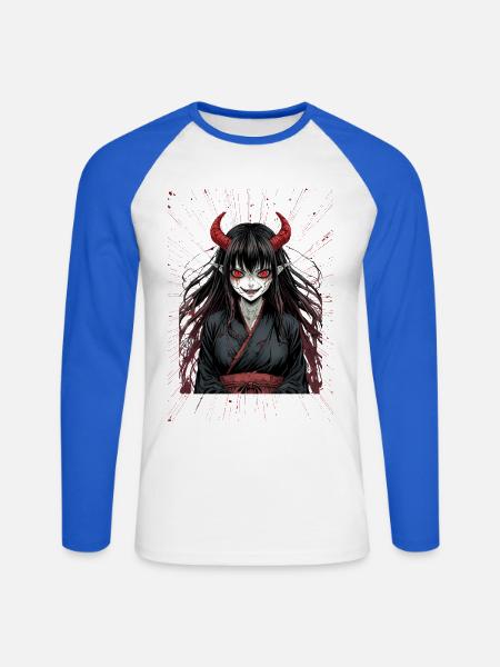 Dämonische Kimonoheldin mit roten Hörnern - Unisex Baseballshirt langarm - Weiß/Royalblau