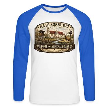 Karlssprudel Wildhof und Mineralbrunnen - Unisex Baseballshirt langarm - Weiß/Royalblau - Vorne - Nik (191cm)