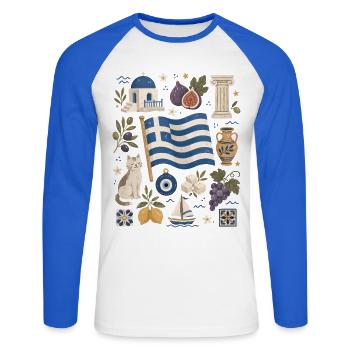 Griechenland | Inseln, Oliven & Antike - Unisex Baseballshirt langarm - Weiß/Royalblau - Vorne - Nik (191cm)