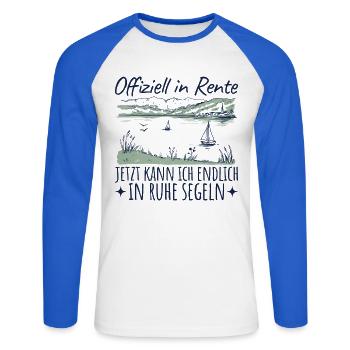 Offiziell in Rente - In Ruhe Segeln - Unisex Baseballshirt langarm - Weiß/Royalblau - Vorne - Nik (191cm)