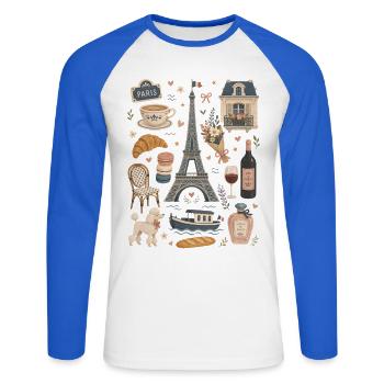 Paris | Eiffelturm, Café & Romantik - Unisex Baseballshirt langarm - Weiß/Royalblau - Vorne - Nik (191cm)