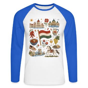 Hongrie | Budapest, Puszta & Plaisir - T-shirt baseball manches longues Homme - blanc/bleu royal - Devant - Nik (191cm)