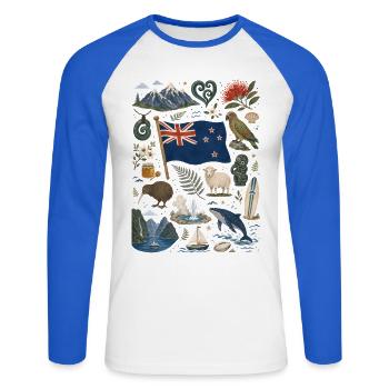 Nouvelle-Zélande | Kiwi, Fjords et Aventure - T-shirt baseball manches longues Homme - blanc/bleu royal - Devant - Nik (191cm)