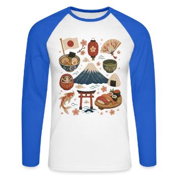 Japan | Fuji, Sakura & Genuss - Unisex Baseballshirt langarm - Weiß/Royalblau - Vorne - Nik (191cm)