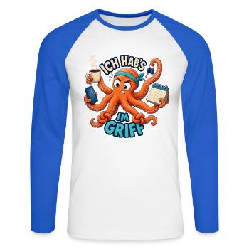 Ich hab's im Griff – Oktopus Multitasking - Unisex Baseballshirt langarm - Weiß/Royalblau - Vorne - Nik (191cm)
