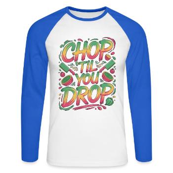 Chef du restaurant Chop 'til You Drop Chef culinaire - T-shirt baseball manches longues Homme - blanc/bleu royal - Devant - Nik (191cm)