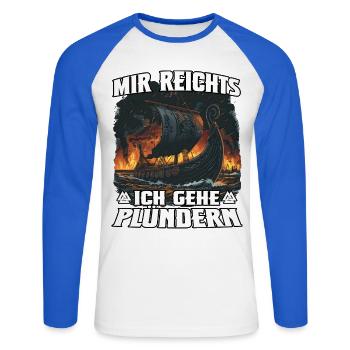 Ich geh plündern – Wikinger Sturm - Unisex Baseballshirt langarm - Weiß/Royalblau - Vorne - Nik (191cm)
