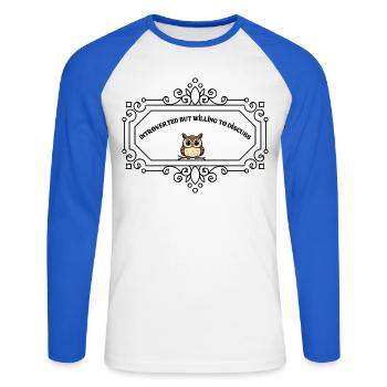 Introvertiert, aber bereit zu diskutieren | Lustiges Introve - Unisex Baseballshirt langarm - Weiß/Royalblau - Vorne - Nik (191cm)