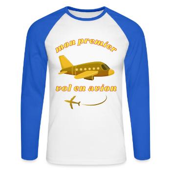 Mon premier vol en avion - T-shirt baseball manches longues Homme - blanc/bleu royal - Devant - Nik (191cm)