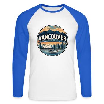 Badge rétro de voyage du port de Vancouver - T-shirt baseball manches longues Homme - blanc/bleu royal - Devant - Nik (191cm)
