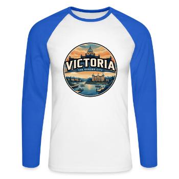 Insigne de voyage rétro Victoria Inner Harbour - T-shirt baseball manches longues Homme - blanc/bleu royal - Devant - Nik (191cm)